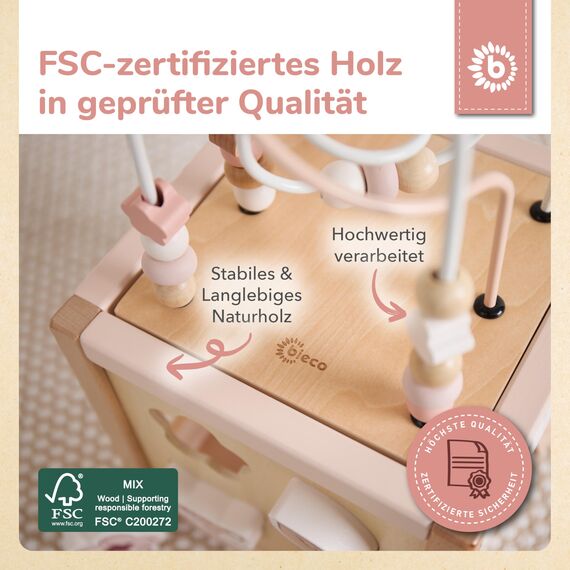 Bieco Motorikwürfel REH Ella nachhaltiges Holz FSC® | Spielwürfel Baby Activity Center Baby Montessori Holzspielzeug ab 1 Jahr