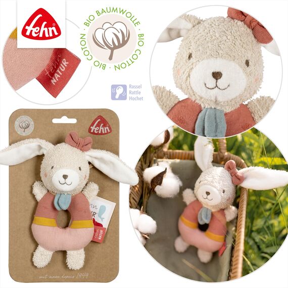 Fehn Baby Ring Greifling Hase – Kuscheltier aus Baumwolle – Babyspielzeug mit Rassel zum spielerischen Lernen – Greif Spielzeug für Babys und Kleinkinder ab 0+ Monaten