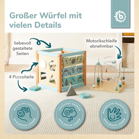 Bieco Motorikwürfel XXL Scandi-Chic | Motorikspielzeug ab 1 Jahr | Activity Center Baby Spielzeug 1 Jahr | Holz motorikschleife ab 1 Jahr Baby