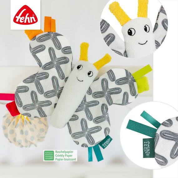 Fehn Knister-Schmetterling – Activity-Rascheltier zum Greifen, Lauschen, Spielen & Geräusche erzeugen - fördert Babys Sinne & Motorik - idealer Begleiter für Babys und Kleinkinder ab Geburt