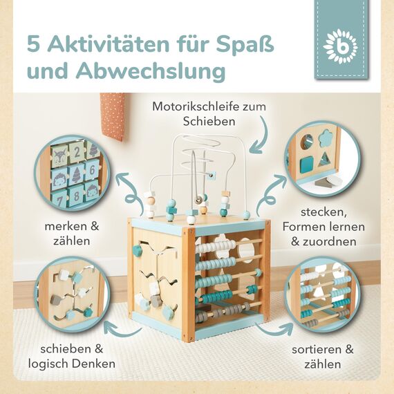 Bieco Motorikwürfel XXL Scandi-Chic | Motorikspielzeug ab 1 Jahr | Activity Center Baby Spielzeug 1 Jahr | Holz motorikschleife ab 1 Jahr Baby