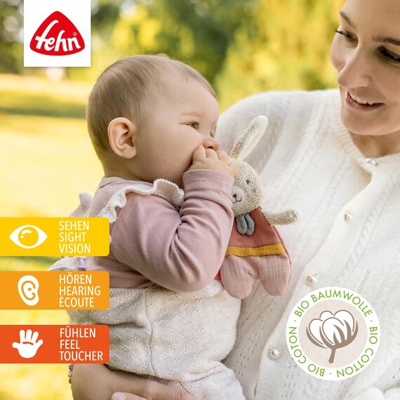 Fehn Knister Hase – Activity Baby Raschel Spielzeug zum Greifen und Spielen – Activity-Rascheltier Babyspielzeug – Motorikspielzeug und Knisterspielzeug für Babys und Kleinkinder
