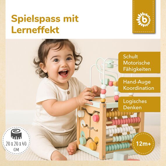 Bieco Motorikwürfel Berry nachhaltiges Holz FSC® | Spielwürfel Baby | Baby Activity Center Montessori Holzspielzeug ab 1 Jahr