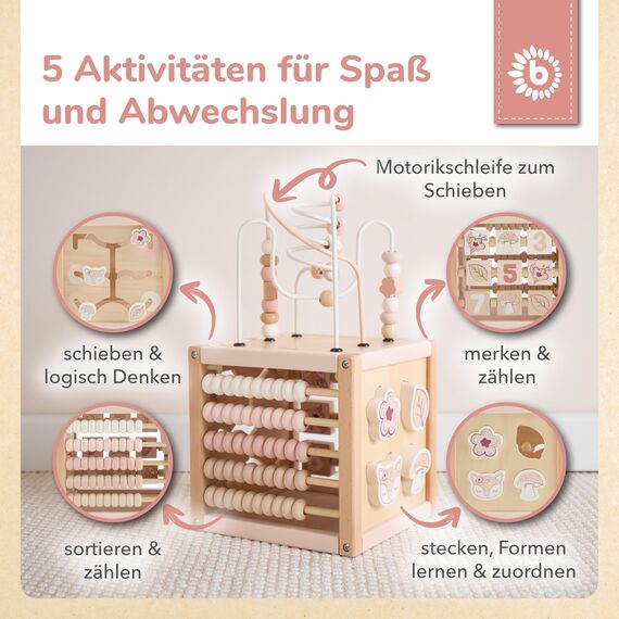 Bieco Motorikwürfel REH Ella nachhaltiges Holz FSC® | Spielwürfel Baby Activity Center Baby Montessori Holzspielzeug ab 1 Jahr