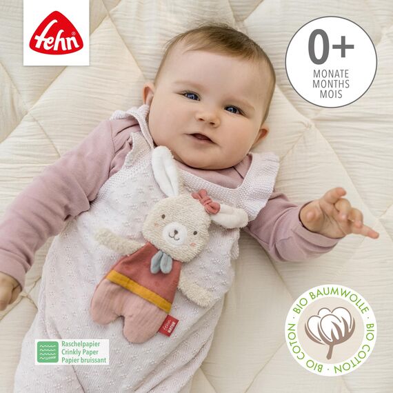 Fehn Knister Hase – Activity Baby Raschel Spielzeug zum Greifen und Spielen – Activity-Rascheltier Babyspielzeug – Motorikspielzeug und Knisterspielzeug für Babys und Kleinkinder