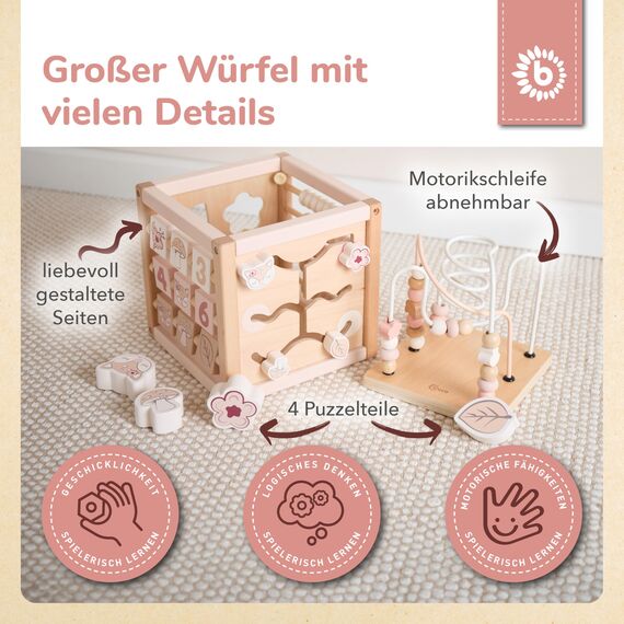 Bieco Motorikwürfel REH Ella nachhaltiges Holz FSC® | Spielwürfel Baby Activity Center Baby Montessori Holzspielzeug ab 1 Jahr