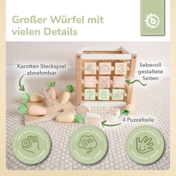 Bieco Motorikwürfel aus Holz FSC® – Montessori Activity Cube ab 12 Monaten – Karotten-Steckspiel (Größen sortieren) & Kugelbahn – Zahlen/Motive, Memory, Schiebelabyrinth – Design Hase
