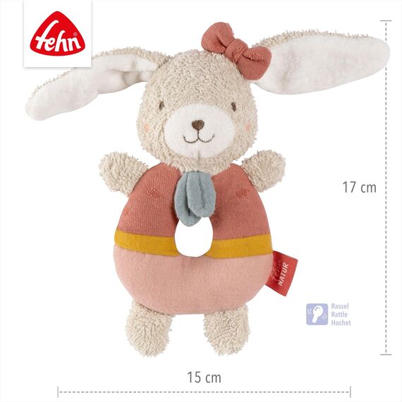 Fehn Baby Ring Greifling Hase – Kuscheltier aus Baumwolle – Babyspielzeug mit Rassel zum spielerischen Lernen – Greif Spielzeug für Babys und Kleinkinder ab 0+ Monaten