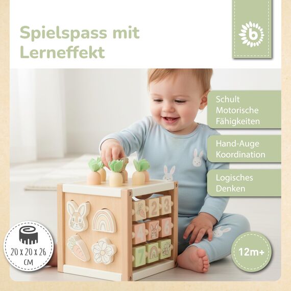 Bieco Motorikwürfel aus Holz FSC® – Montessori Activity Cube ab 12 Monaten – Karotten-Steckspiel (Größen sortieren) & Kugelbahn – Zahlen/Motive, Memory, Schiebelabyrinth – Design Hase