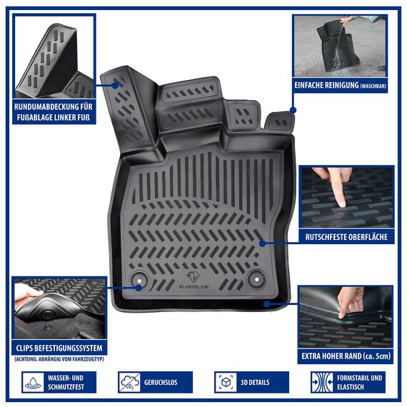 ELMASLINE 3D Gummimatten Set - für VW Golf 7 Baujahr 2012-2020 | Extra hoher Rand - Fußmatten Zubehör