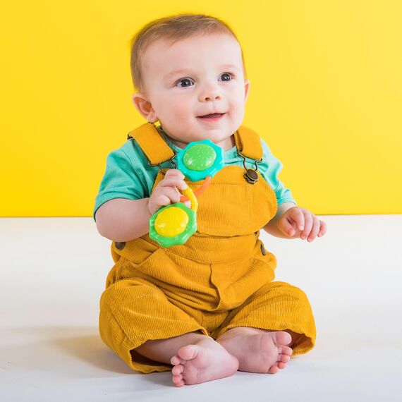 Bright Starts, Rassel, bunt, strukturierter Griff ist leicht zu greifen, mit bunten Perlen, lichtreflektierend