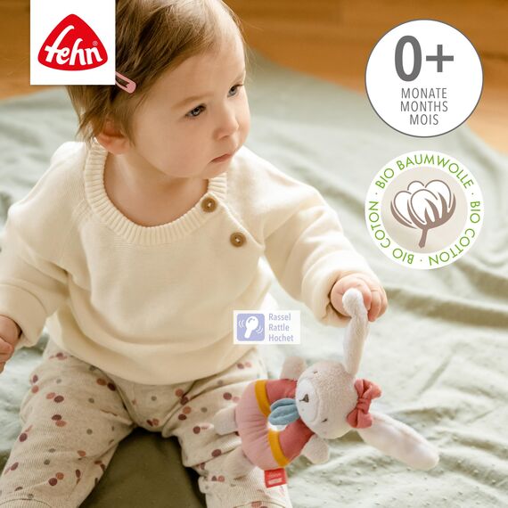 Fehn Baby Ring Greifling Hase – Kuscheltier aus Baumwolle – Babyspielzeug mit Rassel zum spielerischen Lernen – Greif Spielzeug für Babys und Kleinkinder ab 0+ Monaten