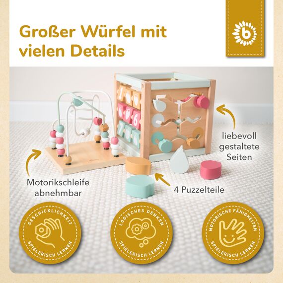Bieco Motorikwürfel Berry nachhaltiges Holz FSC® | Spielwürfel Baby | Baby Activity Center Montessori Holzspielzeug ab 1 Jahr