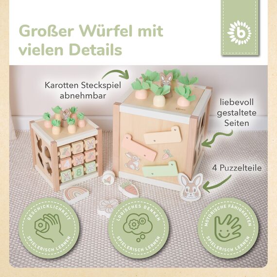 Bieco Motorikwürfel XXL aus Holz FSC® – Montessori Activity Cube ab 12 Monaten – Karotten-Steckspiel (Größen sortieren) & Kugelbahn – Zahlen/Motive, Memory, Schiebelabyrinth – Design Hase