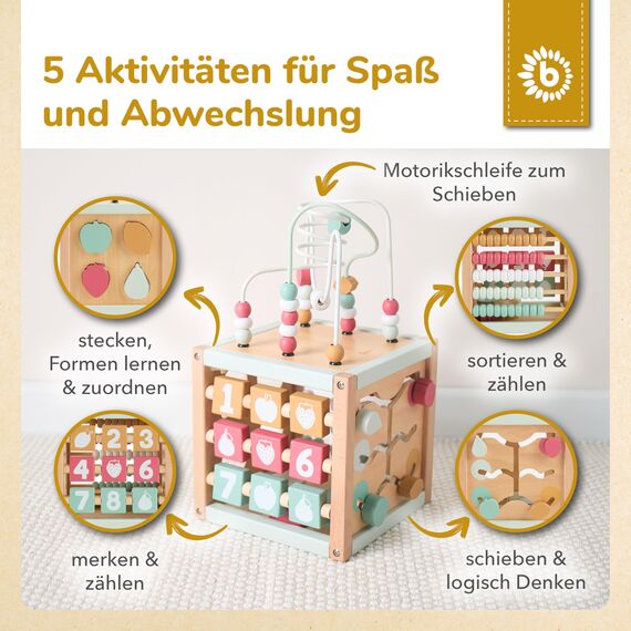 Bieco Motorikwürfel Berry nachhaltiges Holz FSC® | Spielwürfel Baby | Baby Activity Center Montessori Holzspielzeug ab 1 Jahr