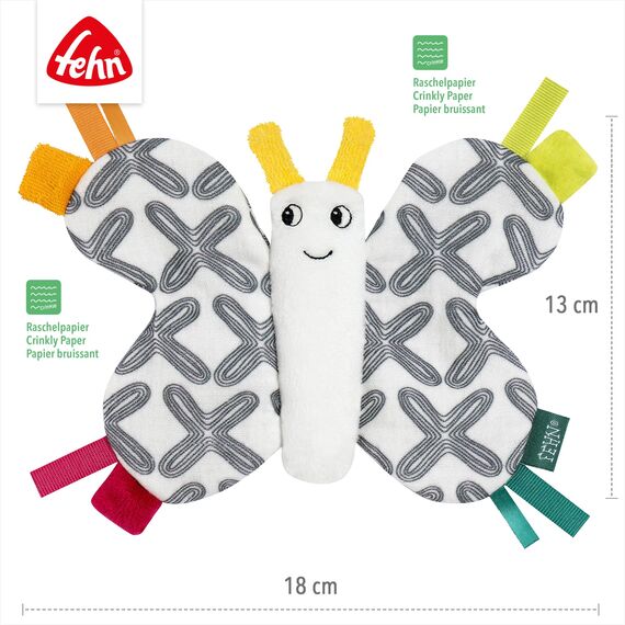 Fehn Knister-Schmetterling – Activity-Rascheltier zum Greifen, Lauschen, Spielen & Geräusche erzeugen - fördert Babys Sinne & Motorik - idealer Begleiter für Babys und Kleinkinder ab Geburt