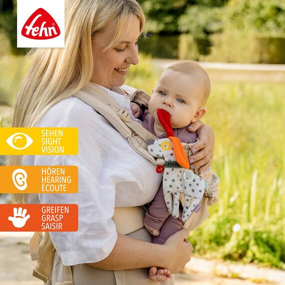 Fehn Knister-Hund – Activity-Rascheltier aus Baumwolle – Babyspielzeug zum Greifen, Spielen und Geräusche erzeugen – optimaler Begleiter für Babys und Kleinkinder ab 0+ Monaten