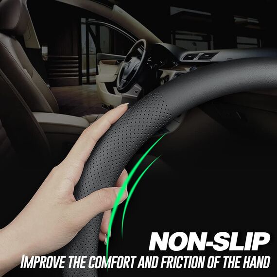 Carodi Neustes Nappaleder Auto Lenkradbezug, Mode Anti-Rutsch-Leder Auto Innenraum 15 Zoll (ca. 38cm) Universal (Schwarz)