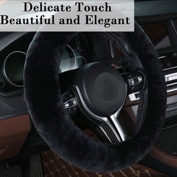 Lenkradabdeckung, Amokee Universal Lenkradhülle Plüsch Winter Lenkradbezug Teleskop Lenkrad Abdeckung weich bequem Steering Lenkradschoner für Auto Zubehör, 36-39cm (Schwarz)