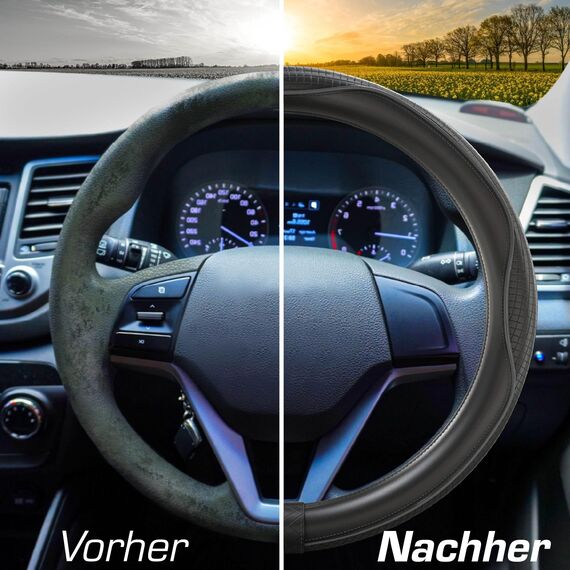 Upgrade4cars Lenkradbezug Leder-Optik Schwarz | Lenkradhülle Universal 37-38 cm für Sommer & Winter | Autozubehör Innenraum Geschenk-Ideen | Geschenke für Frauen und Männer