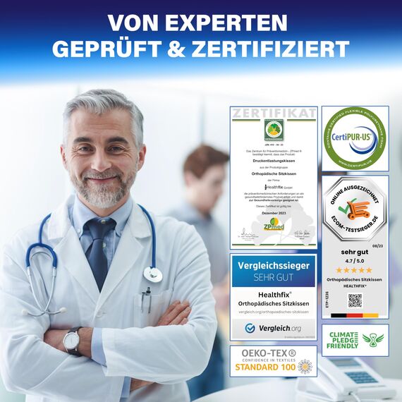Healthfix® Orthopädisches Sitzkissen für Büro, Homeoffice & Co.- Ergonomisches Sitzen aus Memory Foam mit entlastender Funktion des Steißbeins und der Sitzknochen |Erhöht Sitz-Komfort (Medium)