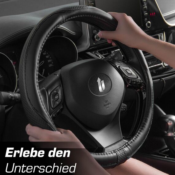 Upgrade4cars Lenkradbezug Leder-Optik Schwarz | Lenkradhülle Universal 37-38 cm für Sommer & Winter | Autozubehör Innenraum Geschenk-Ideen | Geschenke für Frauen und Männer