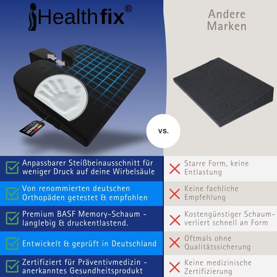 Healthfix Auto-Keilkissen – ergonomisches orthopädisches Sitzkissen fürs Auto, rutschfest & waschbar – Memory-Foam, Härtegrad - Medium (70–95 kg)