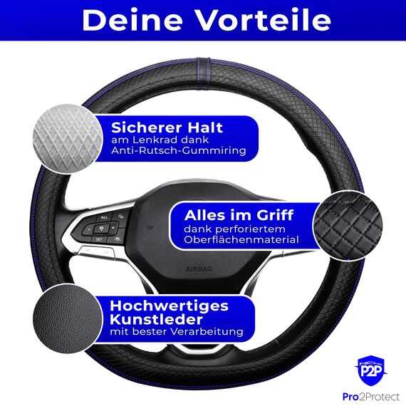 [ 2X Test SEHR GUT ] Pro2Protect Lenkradbezug Leder | Auto Zubehör Innenraum | Lenkradhüllen Grand Tour | Lenkradschoner PKW | Lenkrad Bezug Lenkradschutz | Autozubehör Geschenke für Frauen und Männer