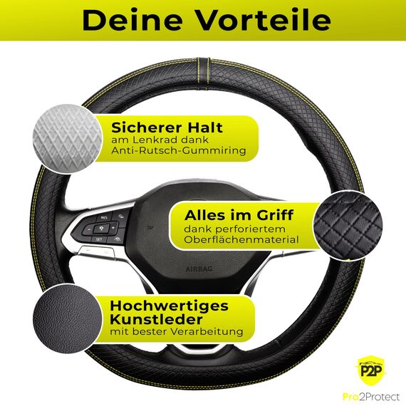 [ 2X Test SEHR GUT ] Pro2Protect Lenkradbezug Leder | Auto Zubehör Innenraum | Lenkradhüllen Grand Tour | Lenkradschoner PKW | Lenkrad Bezug Lenkradschutz | Autozubehör Geschenke für Frauen und Männer