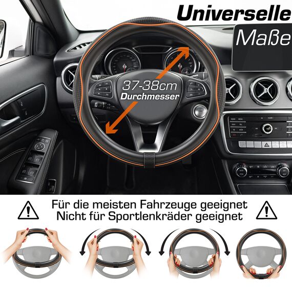 Upgrade4cars Lenkradbezug Orange Schwarz in Leder-Optik | Lenkradhülle Universal 37-38 cm für Sommer & Winter | Autozubehör Innenraum Geschenk-Ideen | Geschenke für Frauen und Männer