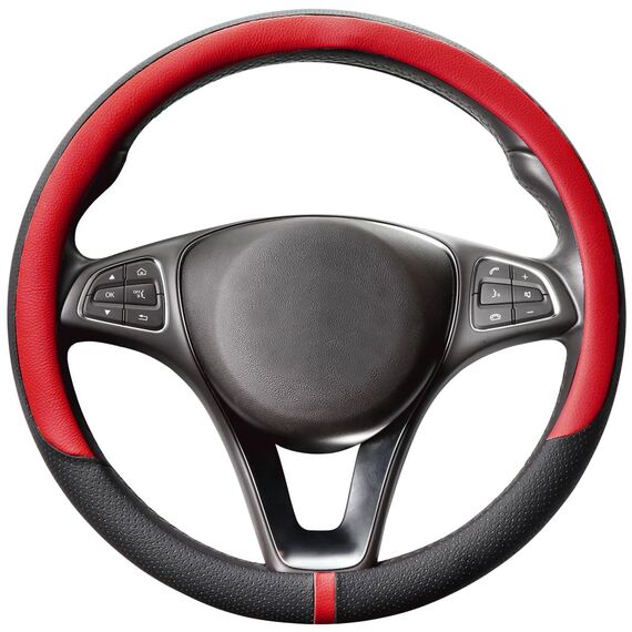 COFIT Lenkradbezug Auto Universal LenkradhüLle Anti-Rutsch Lenkrad üBerzug Mikrofaser Leder Lenkradschutz M 37-38cm Schwarz und Rot