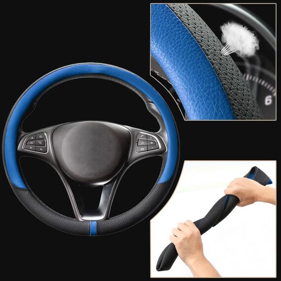 COFIT Lenkradbezug Auto Universal LenkradhüLle Anti-Rutsch Lenkrad üBerzug Mikrofaser Leder Lenkradschutz M 37-38cm Schwarz und Blau