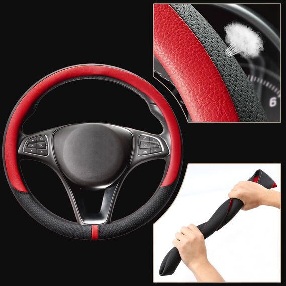 COFIT Lenkradbezug Auto Universal LenkradhüLle Anti-Rutsch Lenkrad üBerzug Mikrofaser Leder Lenkradschutz M 37-38cm Schwarz und Rot
