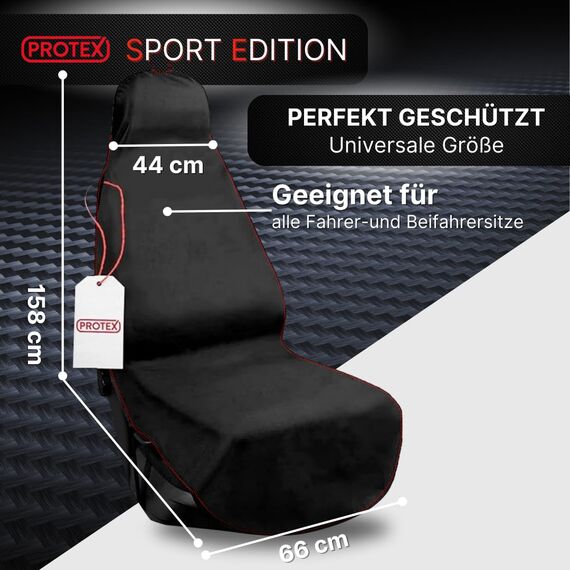 PROTEX© Sitzschoner für Autositze - [Testsieger 2025] Werkstattschoner - Rutsch- und wasserfestes, schmutzabweisendes Oxford-Material - Ideale Passform - schwarz mit roten Nähten (1 Stück)