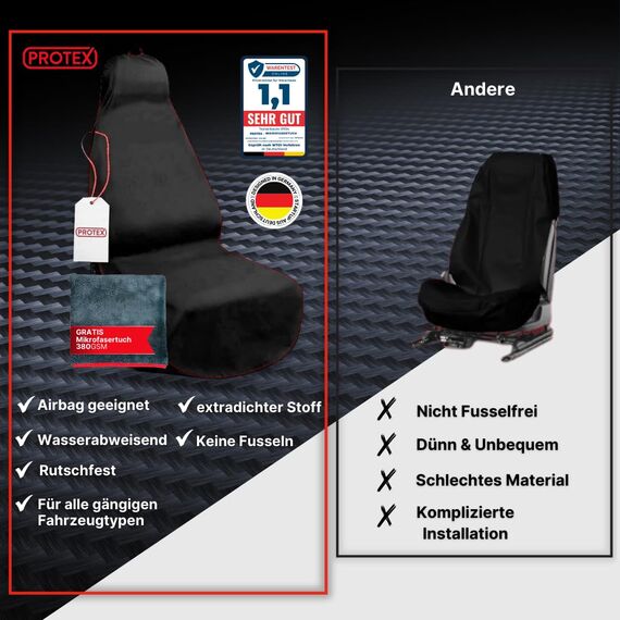 PROTEX© Sitzschoner für Autositze - [Testsieger 2025] Werkstattschoner - Rutsch- und wasserfestes, schmutzabweisendes Oxford-Material - Ideale Passform - schwarz mit roten Nähten (1 Stück)