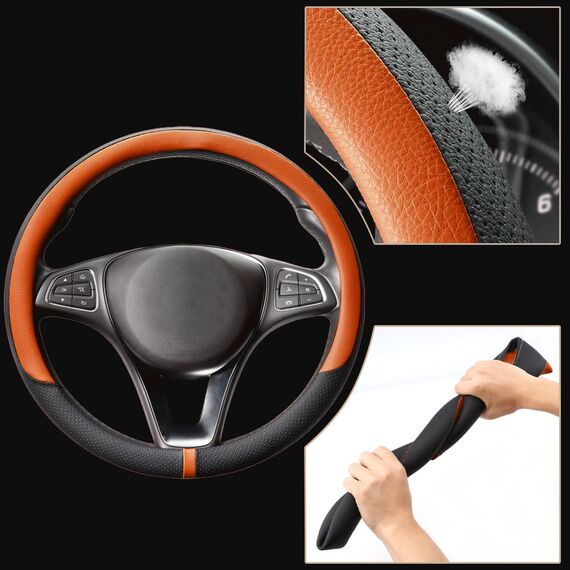 COFIT Lenkradbezug Auto Universal LenkradhüLle Anti-Rutsch Lenkrad üBerzug Mikrofaser Leder Lenkradschutz M 37-38cm Schwarz und Orange