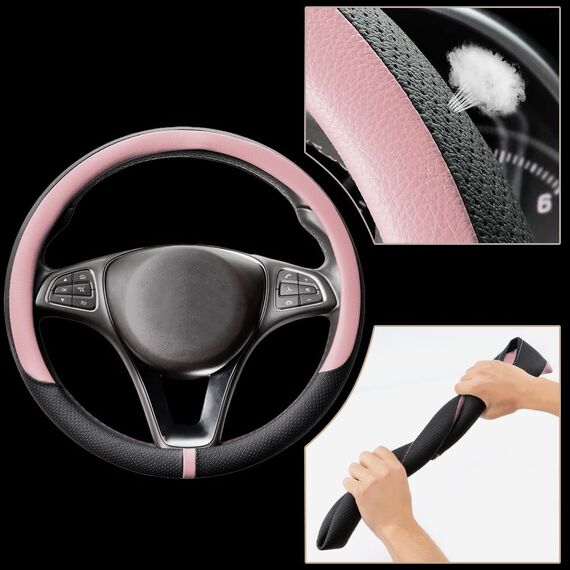 COFIT Lenkradbezug Auto Universal LenkradhüLle Anti-Rutsch Lenkrad üBerzug Mikrofaser Leder Lenkradschutz M 37-38cm Schwarz und Rosa