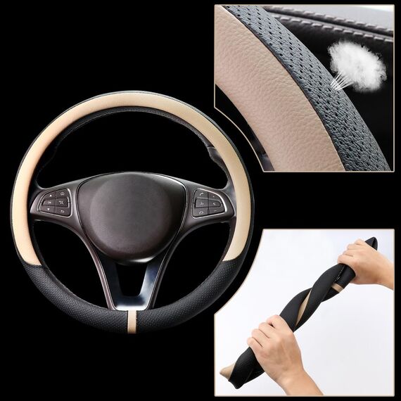 COFIT Lenkradbezug Auto Universal LenkradhüLle Anti-Rutsch Lenkrad üBerzug Mikrofaser Leder Lenkradschutz M 37-38cm Beige und Schwarz