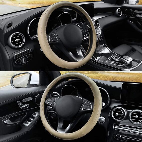 COFIT Anti-Rutsch Lenkradbezug Auto Lenkrad üBerzug Lenkradhülle Universal Mikrofaser Leder Autolenkradbezug Autozubehör M 37-38cm Beige