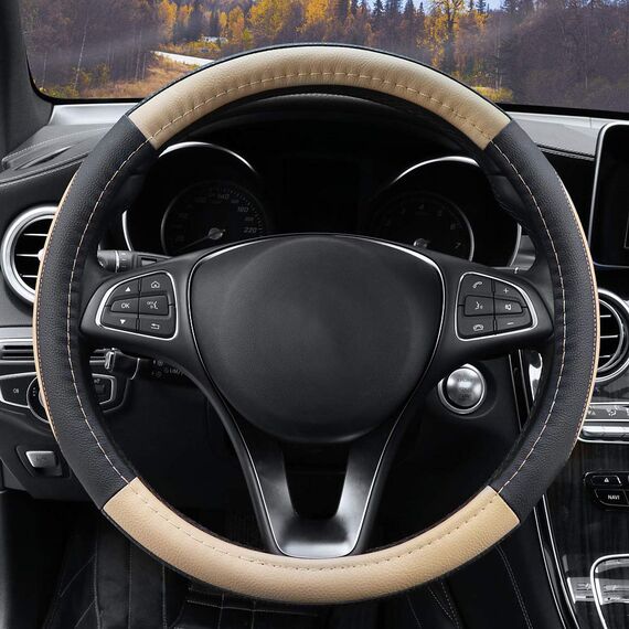 COFIT Anti-Rutsch Lenkradbezug Auto Lenkrad üBerzug Lenkradhülle Universal Mikrofaser Leder Autolenkradbezug Autozubehör M 37-38cm Beige and Schwarz