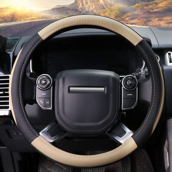 COFIT Anti-Rutsch Lenkradbezug Auto Lenkrad üBerzug Lenkradhülle Universal Mikrofaser Leder Autolenkradbezug Autozubehör L 39-40.5cm Beige and Schwarz