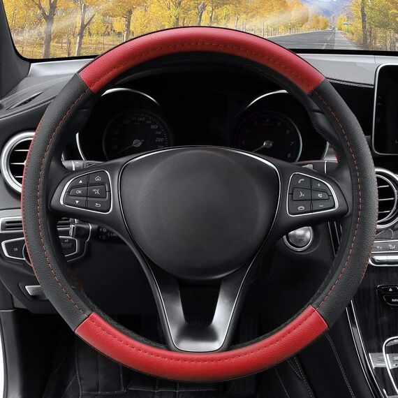 COFIT Anti-Rutsch Lenkradbezug Auto Lenkrad üBerzug Lenkradhülle Universal Mikrofaser Leder Autolenkradbezug Autozubehör M 37-38cm Rot and Schwarz
