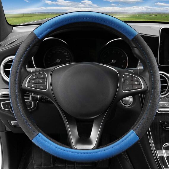 COFIT Anti-Rutsch Lenkradbezug Auto Lenkrad üBerzug Lenkradhülle Universal Mikrofaser Leder Autolenkradbezug Autozubehör M 37-38cm Blau and Schwarz