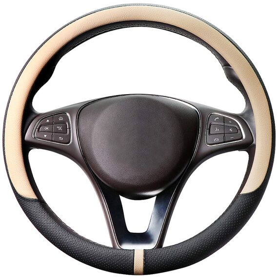 COFIT Lenkradbezug Auto Universal LenkradhüLle Anti-Rutsch Lenkrad üBerzug Mikrofaser Leder Lenkradschutz M 37-38cm Beige und Schwarz