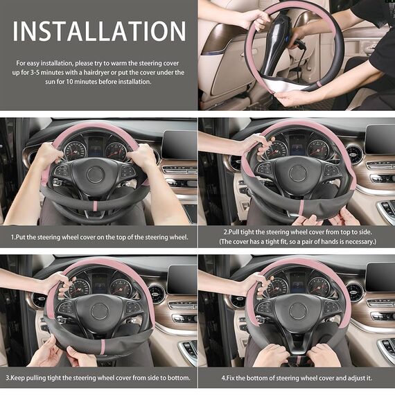 COFIT Lenkradbezug Auto Universal LenkradhüLle Anti-Rutsch Lenkrad üBerzug Mikrofaser Leder Lenkradschutz M 37-38cm Schwarz und Rosa