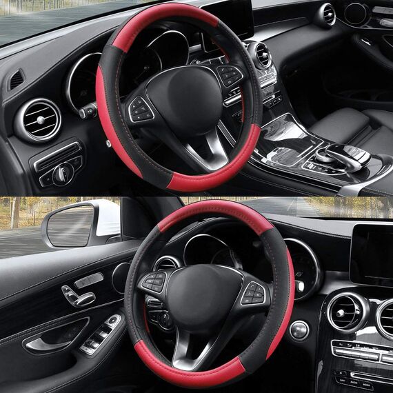 COFIT Anti-Rutsch Lenkradbezug Auto Lenkrad üBerzug Lenkradhülle Universal Mikrofaser Leder Autolenkradbezug Autozubehör M 37-38cm Rot and Schwarz