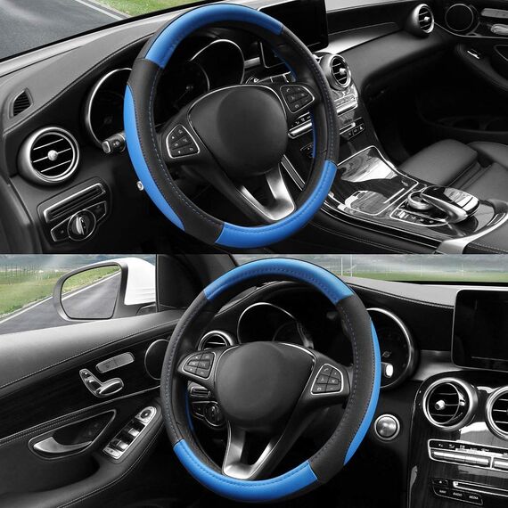 COFIT Anti-Rutsch Lenkradbezug Auto Lenkrad üBerzug Lenkradhülle Universal Mikrofaser Leder Autolenkradbezug Autozubehör M 37-38cm Blau and Schwarz