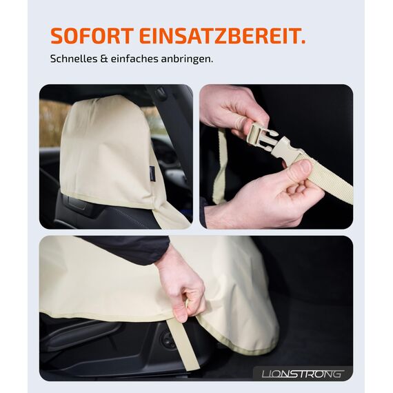 LIONSTRONG® Autositzschoner Vordersitz universell kompatibel [WASSERDICHT] - Autositzbezüge Vordersitze - Sitzschoner Sitzbezüge Auto - Autositz Sitzschutz - Werkstattschoner - Polyester Beige