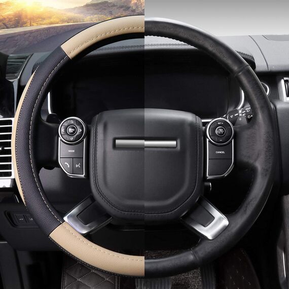 COFIT Anti-Rutsch Lenkradbezug Auto Lenkrad üBerzug Lenkradhülle Universal Mikrofaser Leder Autolenkradbezug Autozubehör L 39-40.5cm Beige and Schwarz