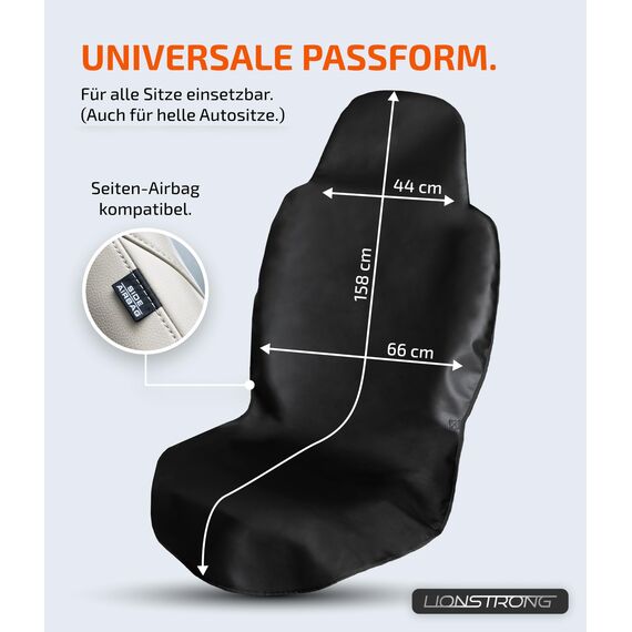 LIONSTRONG® Autositzschoner Vordersitz universell kompatibel [WASSERDICHT] - Autositzbezüge Vordersitze - Sitzschoner Sitzbezüge Auto - Autositz Sitzschutz - Werkstattschoner - Kunstleder 2 Stück